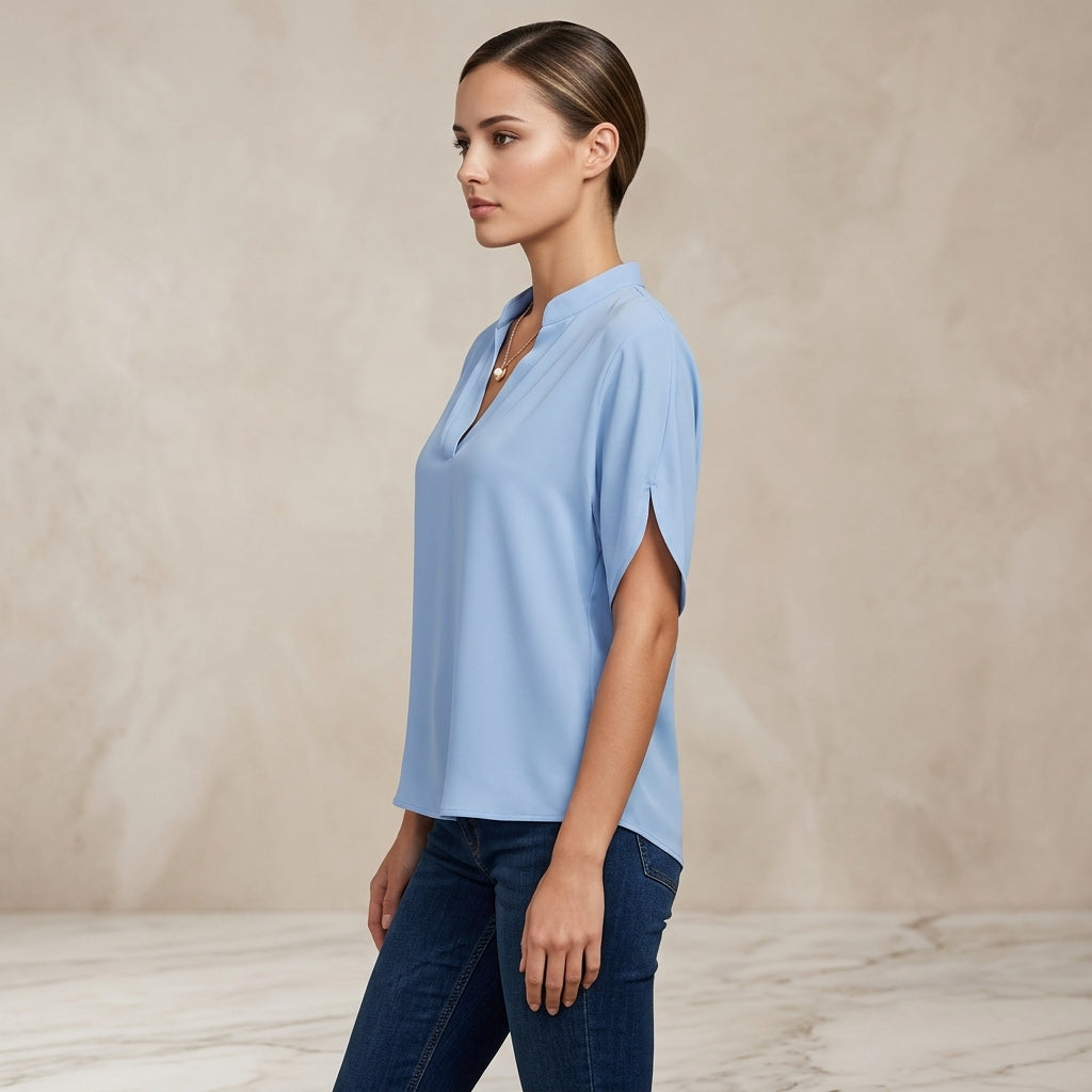 Short Sleeve V-Neck Chiffon Blouse for Meetings Ready and Everyday Office Style Women-Vyana Collective