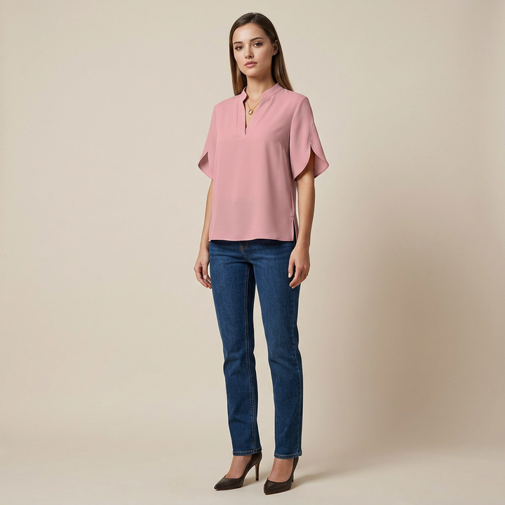 Short Sleeve V-Neck Chiffon Blouse for Meetings Ready and Everyday Office Style Women-Vyana Collective