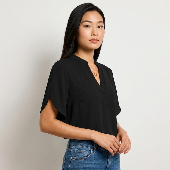 Short Sleeve V-Neck Chiffon Blouse for Meetings Ready and Everyday Office Style Women-Vyana Collective