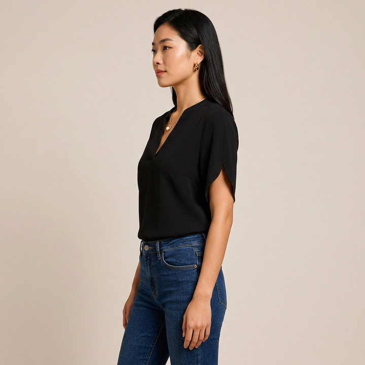 Short Sleeve V-Neck Chiffon Blouse for Meetings Ready and Everyday Office Style Women-Vyana Collective