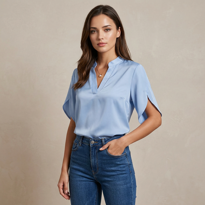 Short Sleeve V-Neck Chiffon Blouse for Meetings Ready and Everyday Office Style Women-Vyana Collective