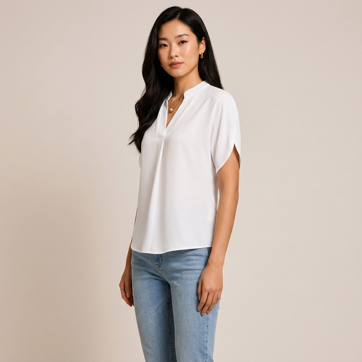 Short Sleeve V-Neck Chiffon Blouse for Meetings Ready and Everyday Office Style Women-Vyana Collective