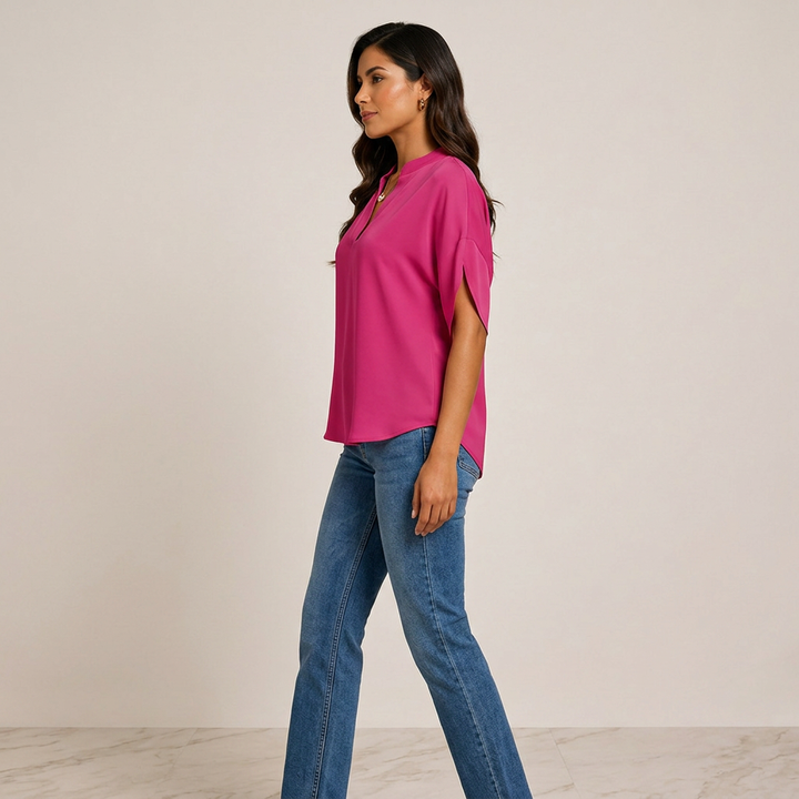 Short Sleeve V-Neck Chiffon Blouse for Meetings Ready and Everyday Office Style Women-Vyana Collective