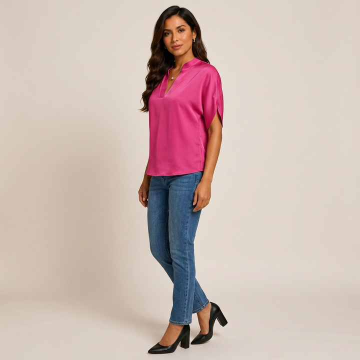 Short Sleeve V-Neck Chiffon Blouse for Meetings Ready and Everyday Office Style Women-Vyana Collective