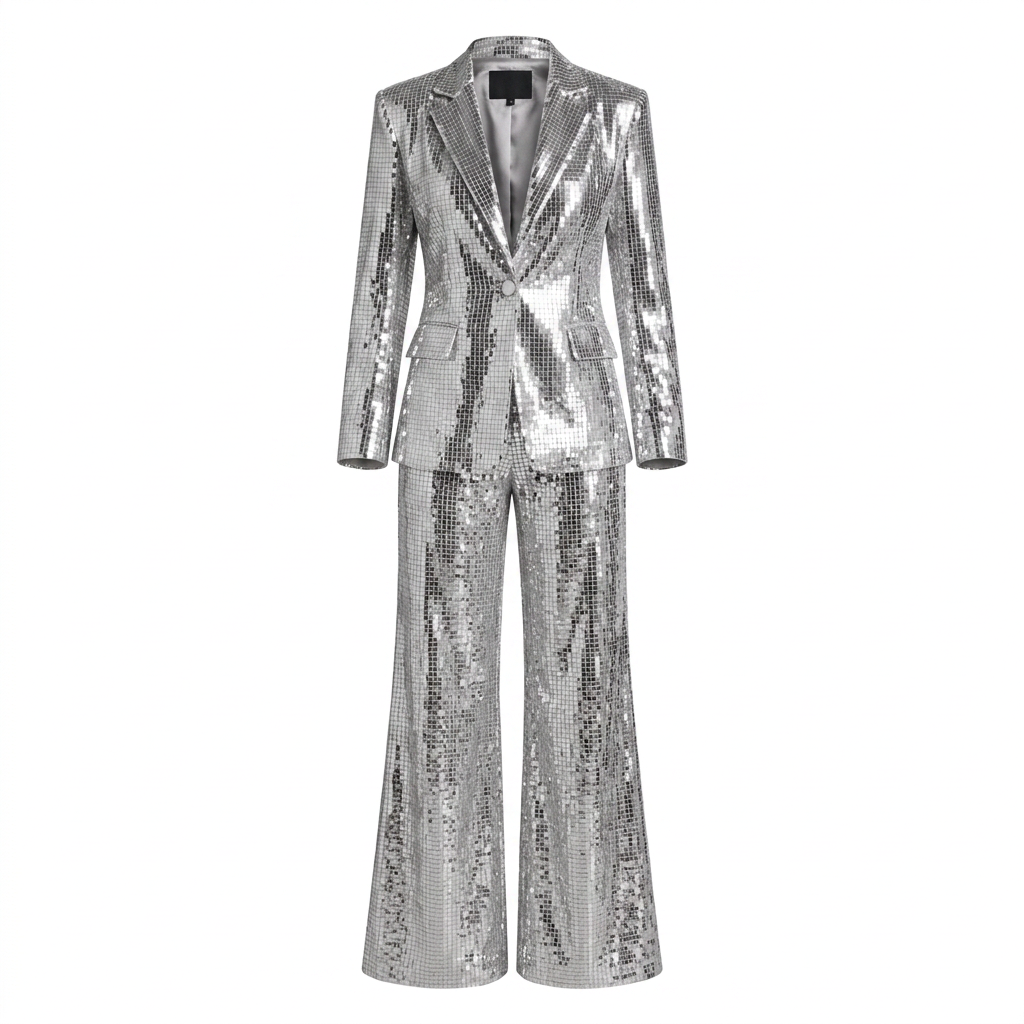 Silver Sequin Peak Lapel Blazer and Wide Leg Pants Set for Friday Night Vibes Women-Vyana Collective