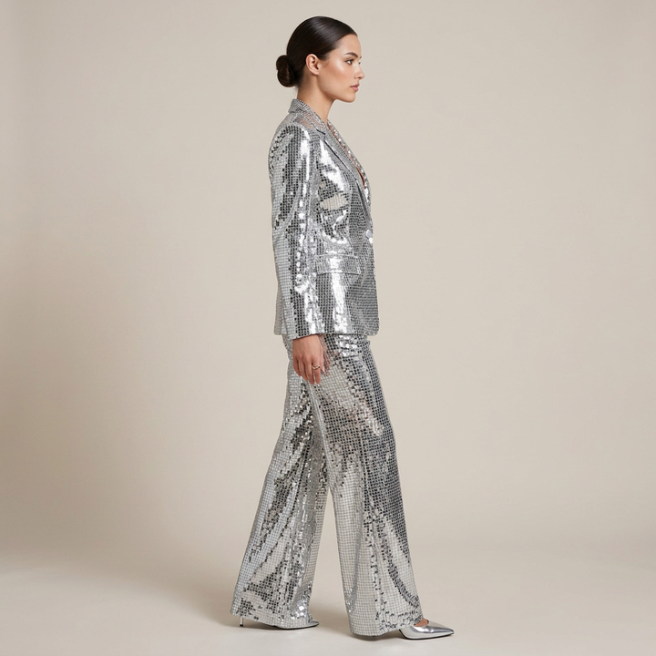 Silver Sequin Peak Lapel Blazer and Wide Leg Pants Set for Friday Night Vibes Women-Vyana Collective