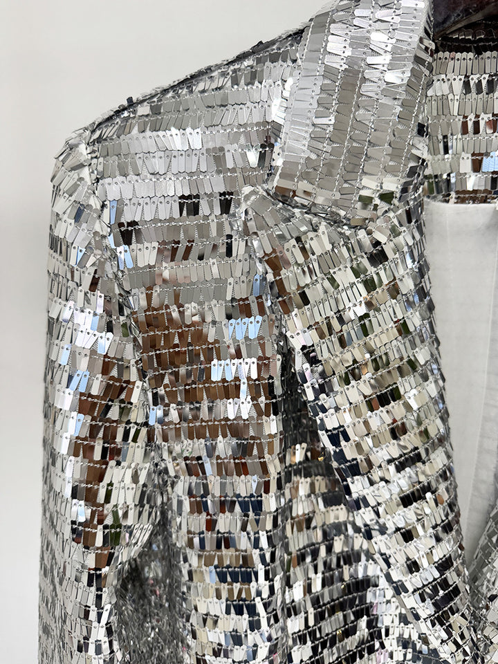 Silver Sequin Peak Lapel Blazer and Wide Leg Pants Set for Friday Night Vibes Women-Vyana Collective
