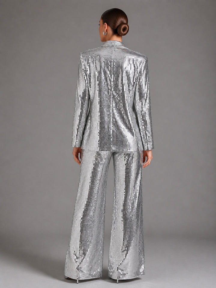 Silver Sequin Peak Lapel Blazer and Wide Leg Pants Set for Friday Night Vibes Women-Vyana Collective