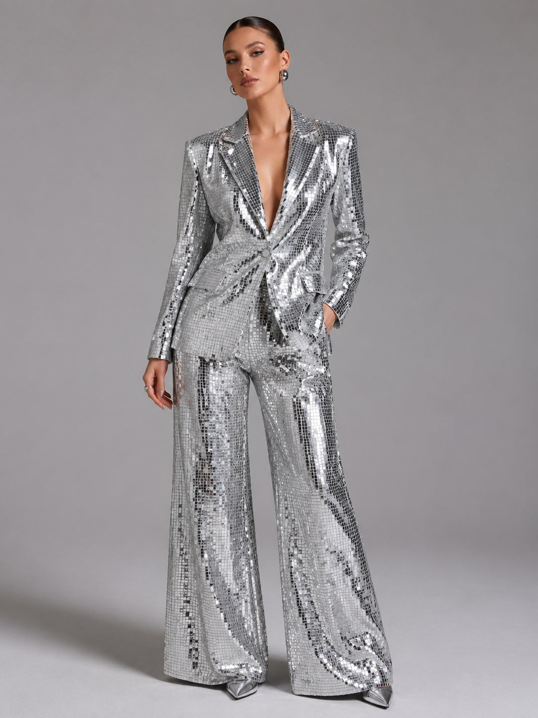 Silver Sequin Peak Lapel Blazer and Wide Leg Pants Set for Friday Night Vibes Women-Vyana Collective