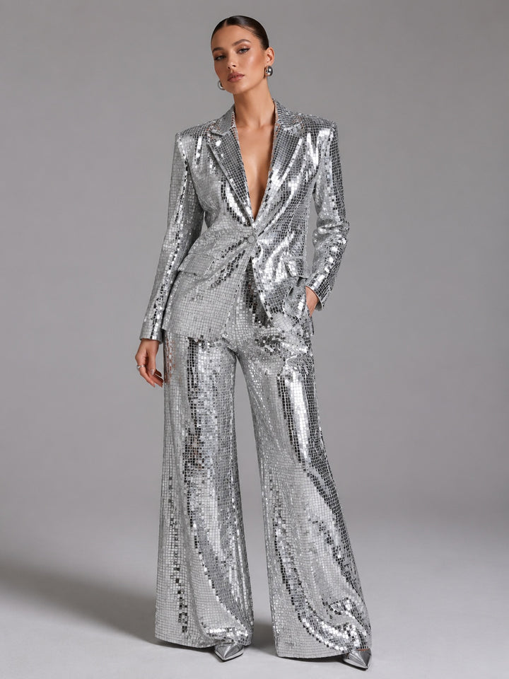 Silver Sequin Peak Lapel Blazer and Wide Leg Pants Set for Friday Night Vibes Women-Vyana Collective