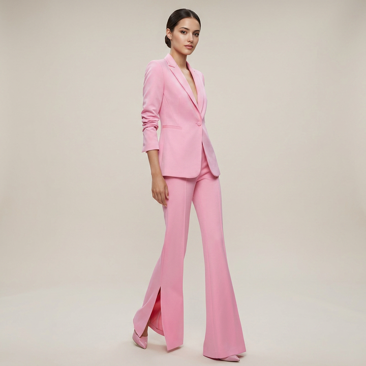 Single-Breasted Notched Lapel Blazer &amp; Split Flared Pants Suit Set-Vyana Collective