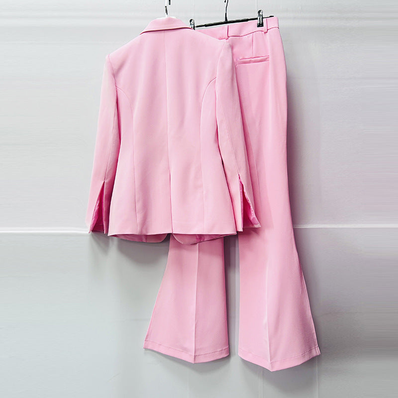 Single-Breasted Notched Lapel Blazer &amp; Split Flared Pants Suit Set-Vyana Collective