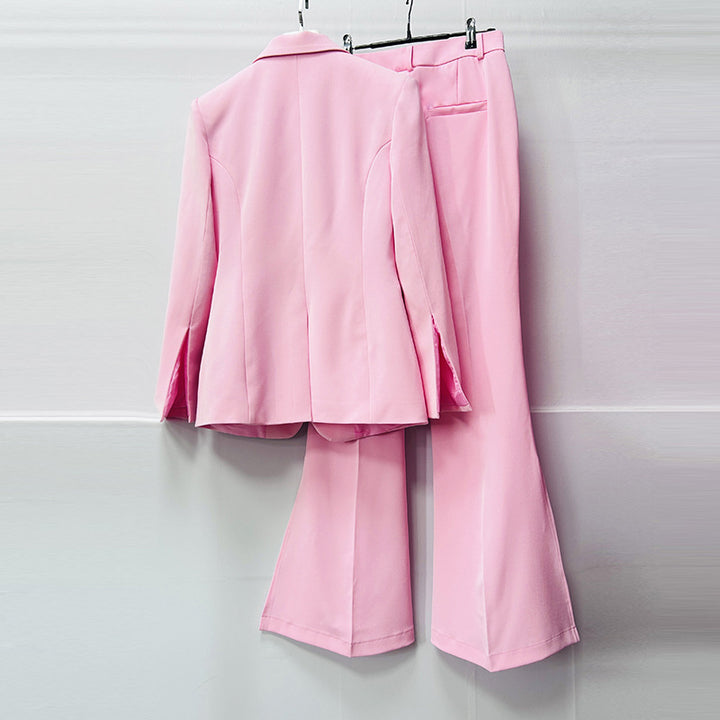 Single-Breasted Notched Lapel Blazer &amp; Split Flared Pants Suit Set-Vyana Collective