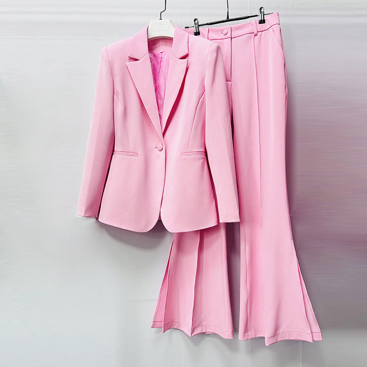 Single-Breasted Notched Lapel Blazer &amp; Split Flared Pants Suit Set-Vyana Collective