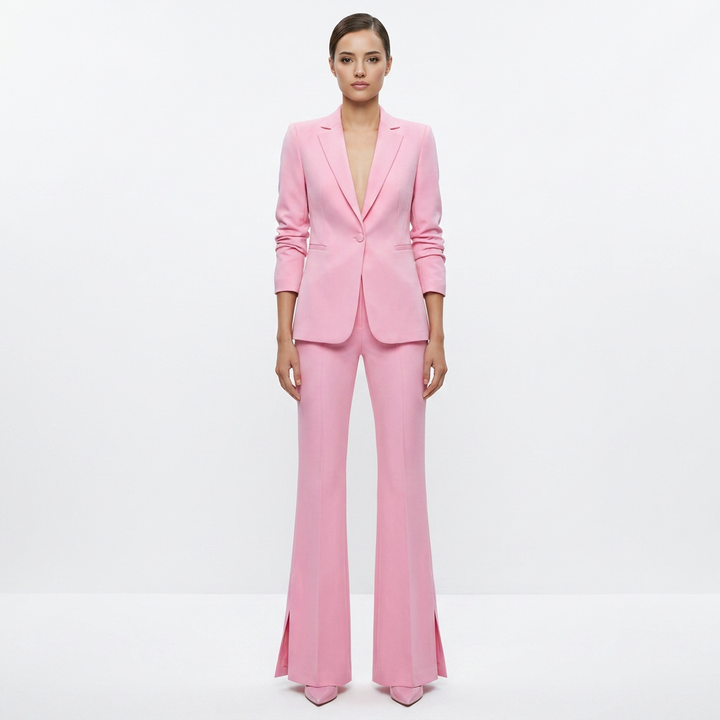 Single-Breasted Notched Lapel Blazer &amp; Split Flared Pants Suit Set-Vyana Collective
