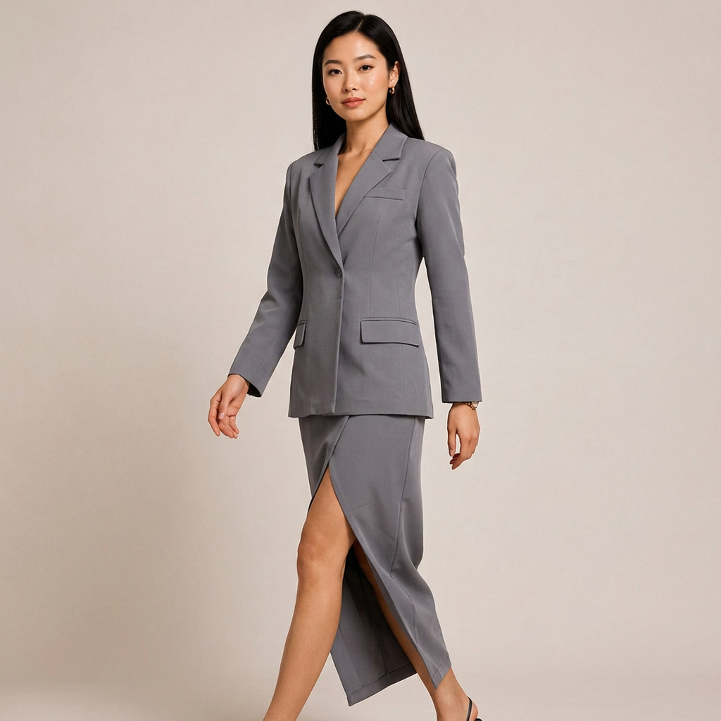 Single-Button Blazer &amp; High Slit Midi Skirt Tailored Suit Set-Vyana Collective