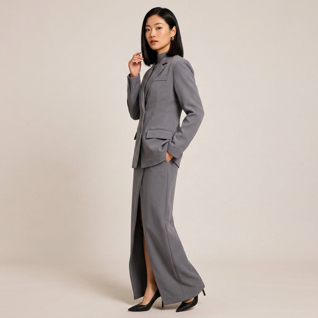 Single-Button Blazer &amp; High Slit Midi Skirt Tailored Suit Set-Vyana Collective