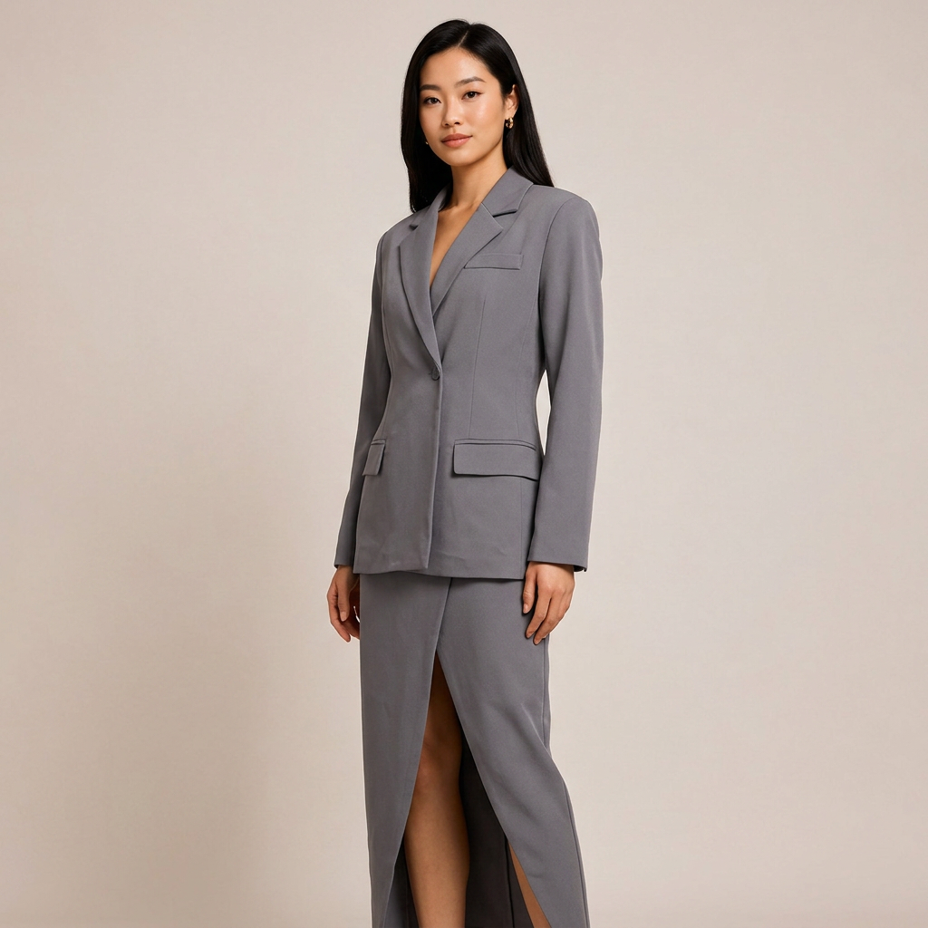 Single-Button Blazer &amp; High Slit Midi Skirt Tailored Suit Set-Vyana Collective