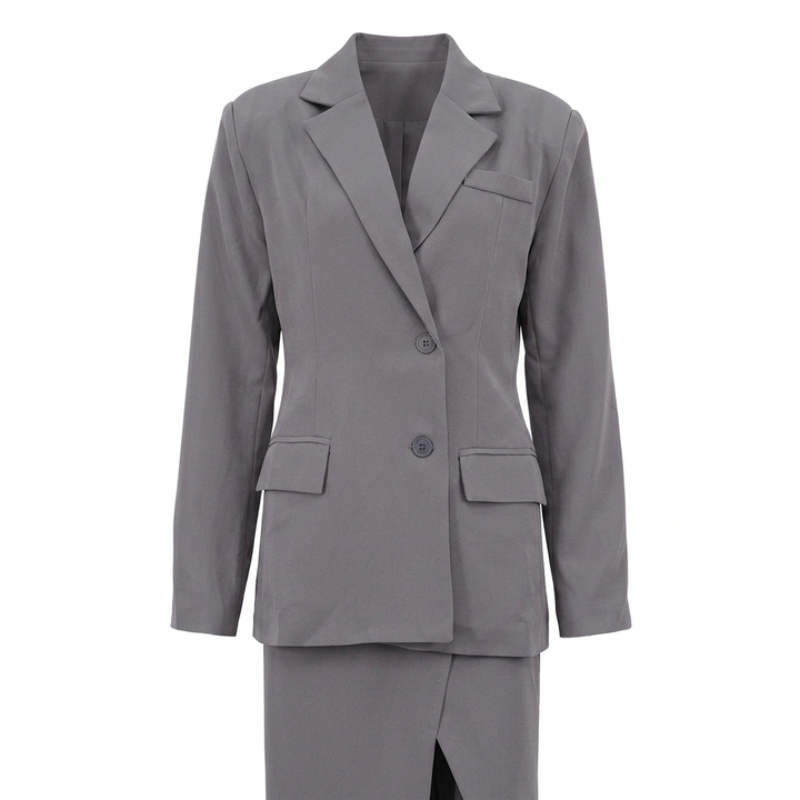 Single-Button Blazer &amp; High Slit Midi Skirt Tailored Suit Set-Vyana Collective