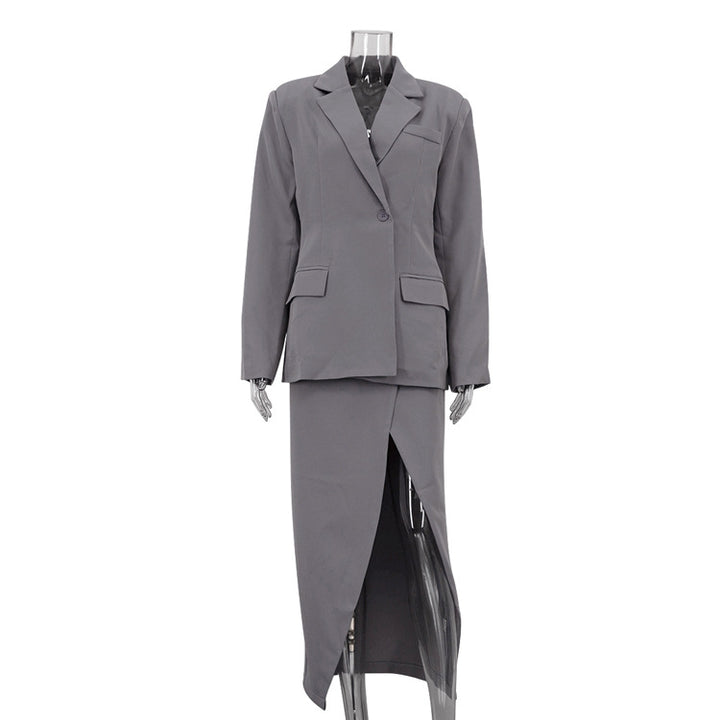 Single-Button Blazer &amp; High Slit Midi Skirt Tailored Suit Set-Vyana Collective