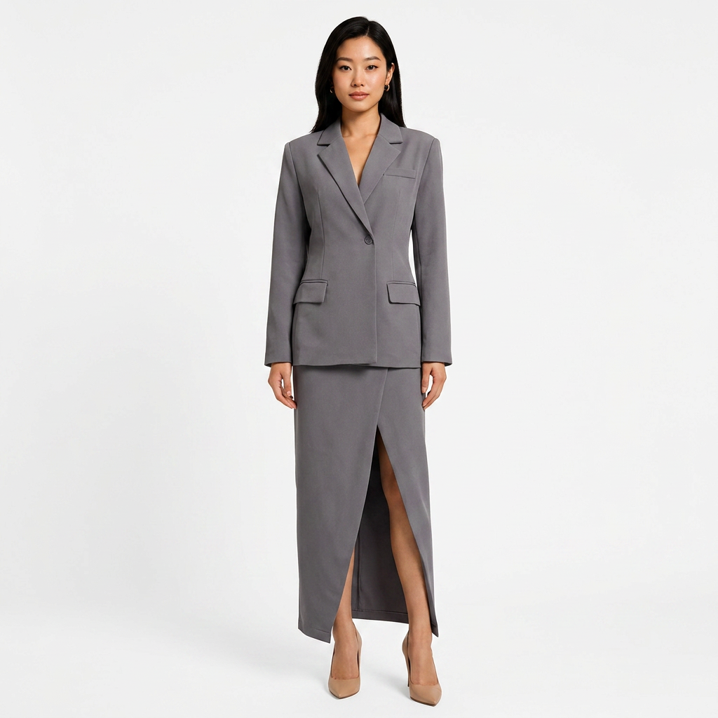 Single-Button Blazer &amp; High Slit Midi Skirt Tailored Suit Set-Vyana Collective