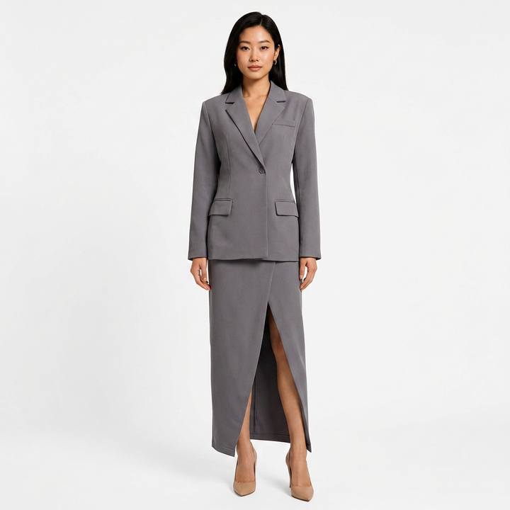 Single-Button Blazer &amp; High Slit Midi Skirt Tailored Suit Set-Vyana Collective