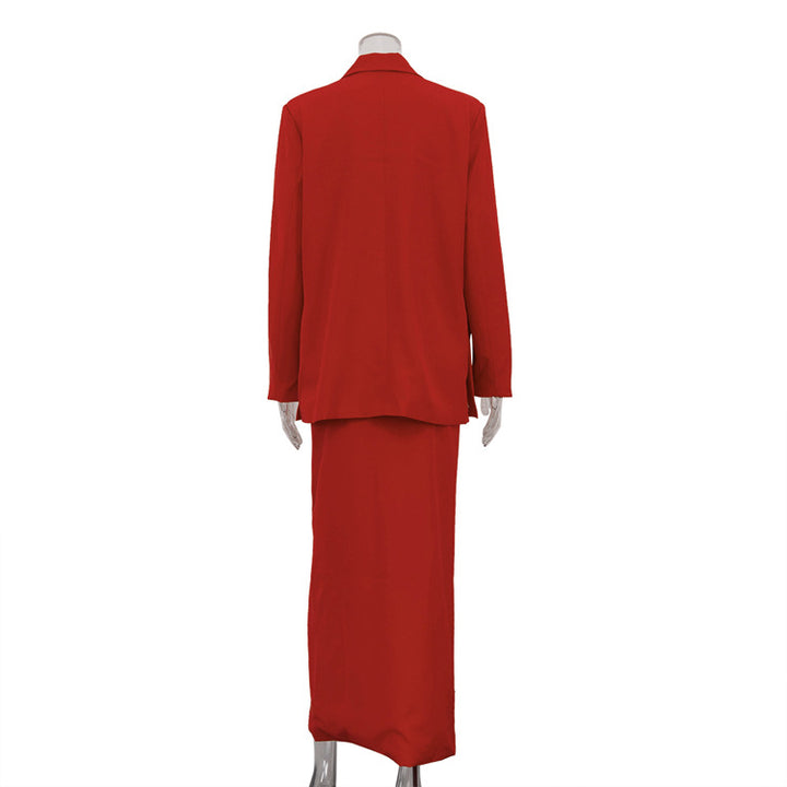 Single Button Notched Lapel Blazer &amp; Front Slit Maxi Skirt Two-Piece Suit Set-Vyana Collective