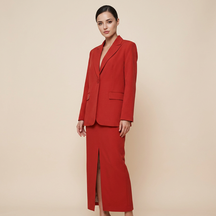 Single Button Notched Lapel Blazer &amp; Front Slit Maxi Skirt Two-Piece Suit Set-Vyana Collective
