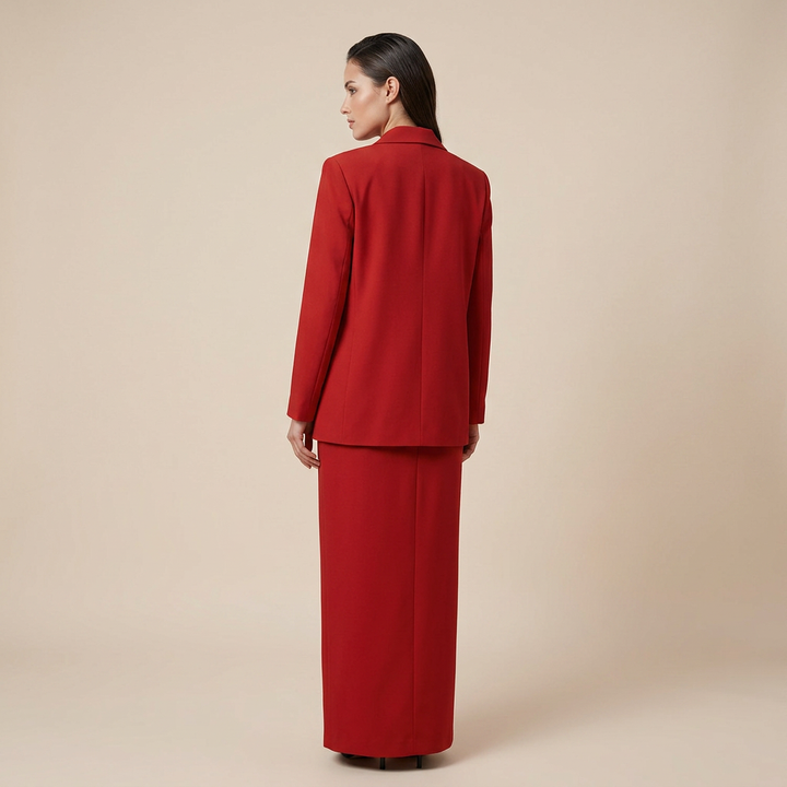 Single Button Notched Lapel Blazer &amp; Front Slit Maxi Skirt Two-Piece Suit Set-Vyana Collective