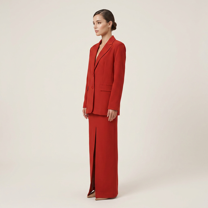 Single Button Notched Lapel Blazer &amp; Front Slit Maxi Skirt Two-Piece Suit Set-Vyana Collective