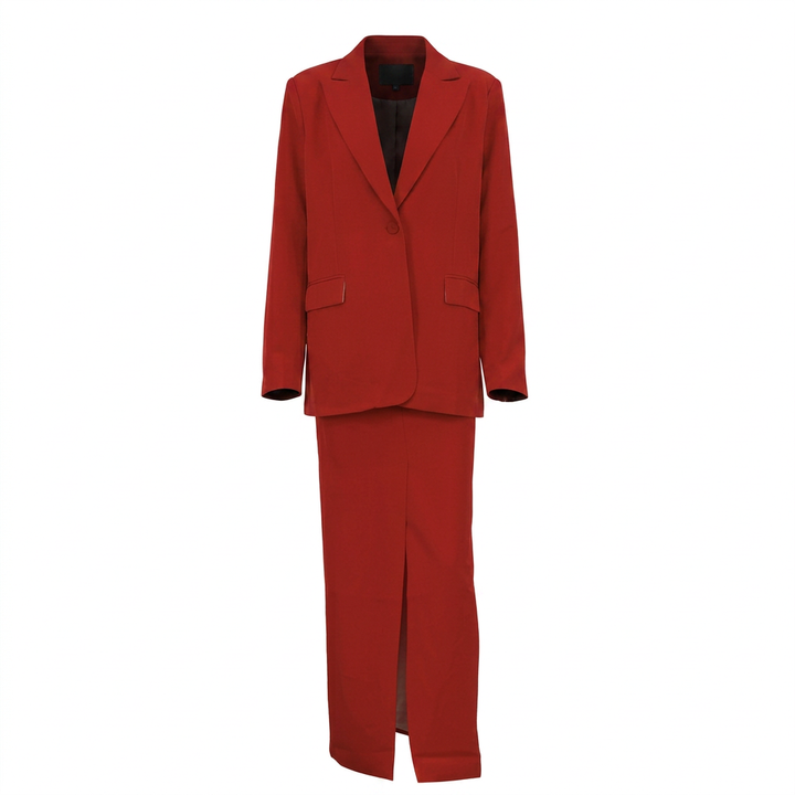 Single Button Notched Lapel Blazer &amp; Front Slit Maxi Skirt Two-Piece Suit Set-Vyana Collective