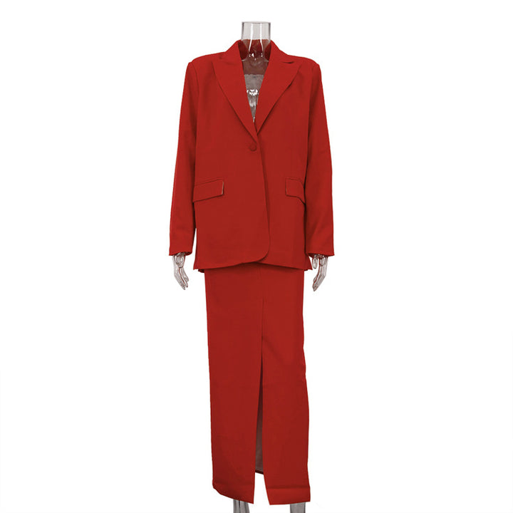 Single Button Notched Lapel Blazer &amp; Front Slit Maxi Skirt Two-Piece Suit Set-Vyana Collective