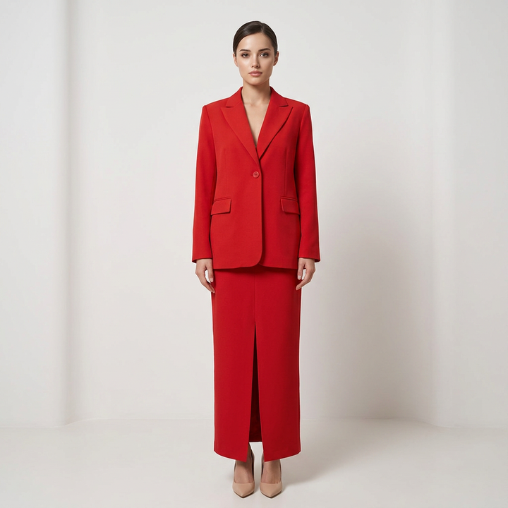 Single Button Notched Lapel Blazer &amp; Front Slit Maxi Skirt Two-Piece Suit Set-Vyana Collective