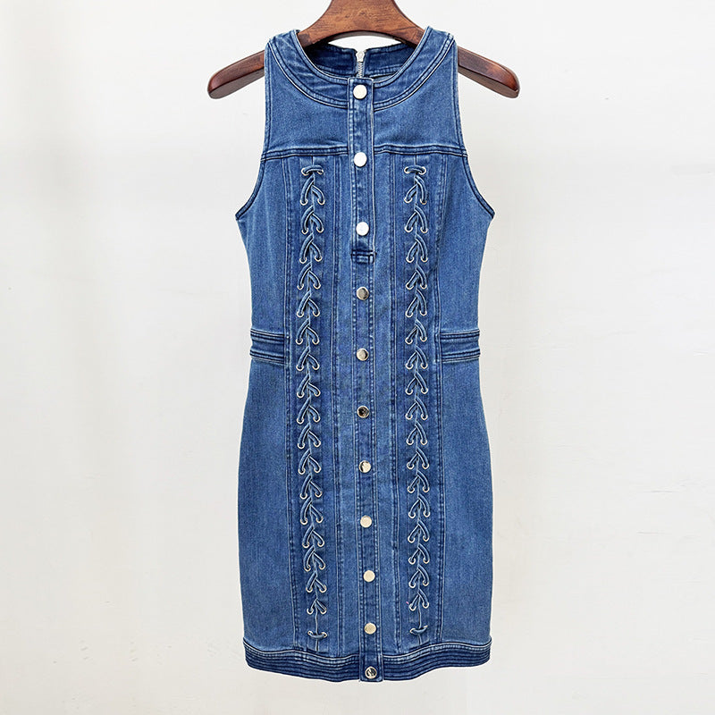 Sleeveless Denim Button Front Mini Dress with Lace-Up Detail for Friday Night Vibes Women-Vyana Collective