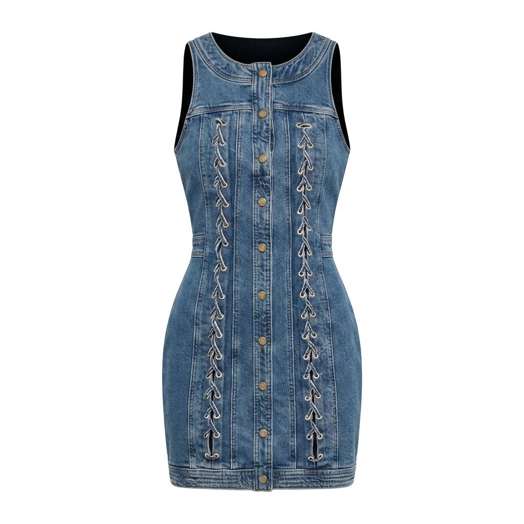 Sleeveless Denim Button Front Mini Dress with Lace-Up Detail for Friday Night Vibes Women-Vyana Collective