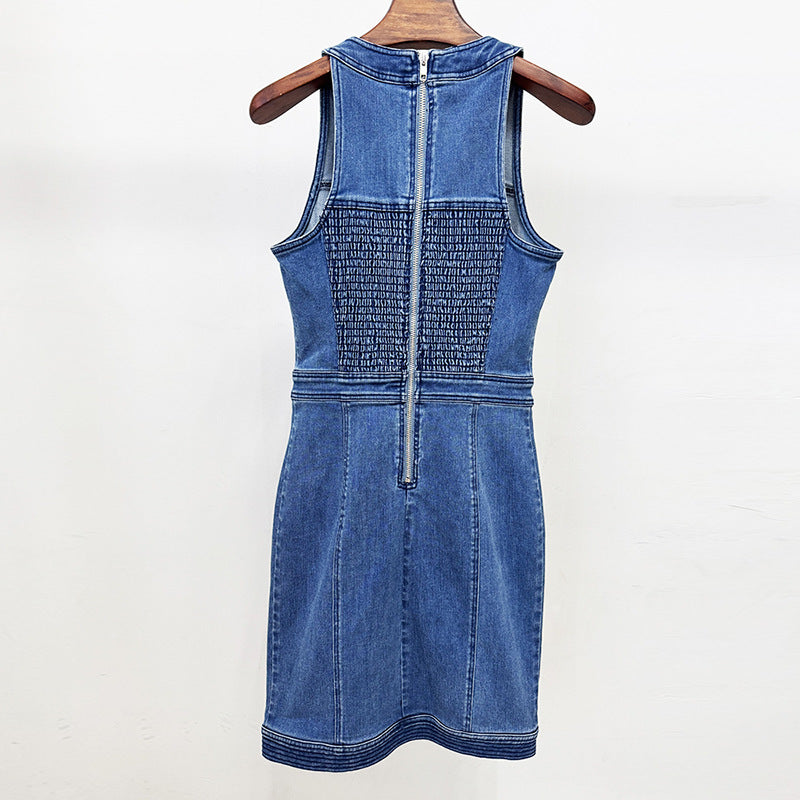 Sleeveless Denim Button Front Mini Dress with Lace-Up Detail for Friday Night Vibes Women-Vyana Collective