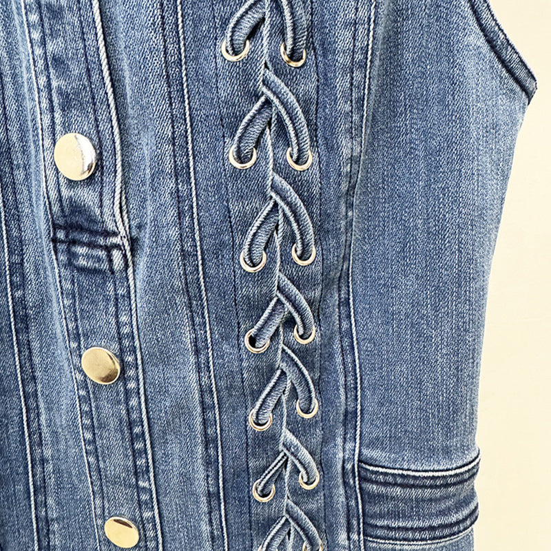 Sleeveless Denim Button Front Mini Dress with Lace-Up Detail for Friday Night Vibes Women-Vyana Collective