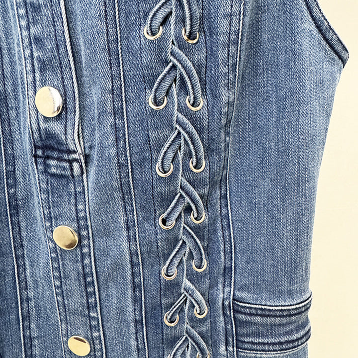 Sleeveless Denim Button Front Mini Dress with Lace-Up Detail for Friday Night Vibes Women-Vyana Collective