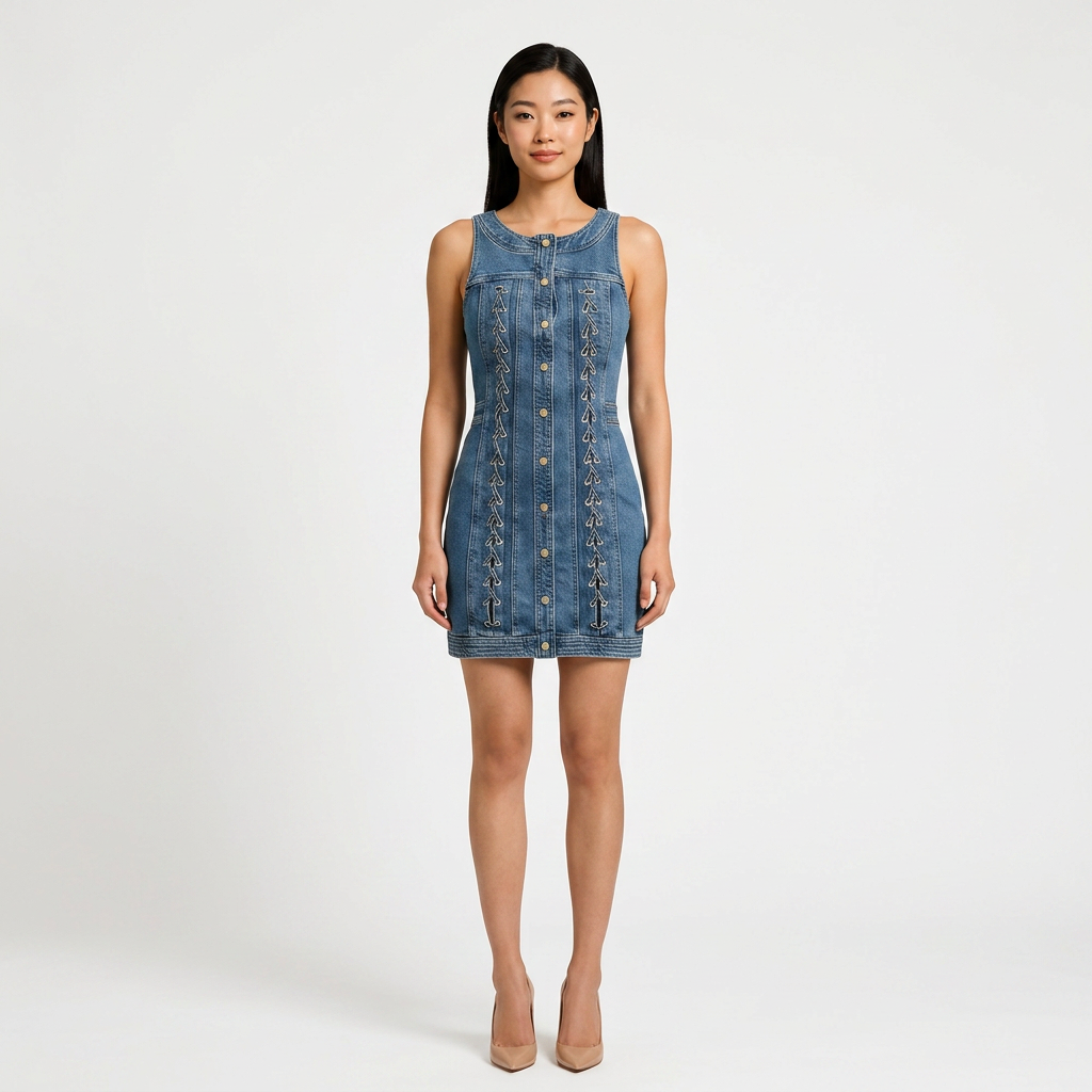 Sleeveless Denim Button Front Mini Dress with Lace-Up Detail for Friday Night Vibes Women-Vyana Collective