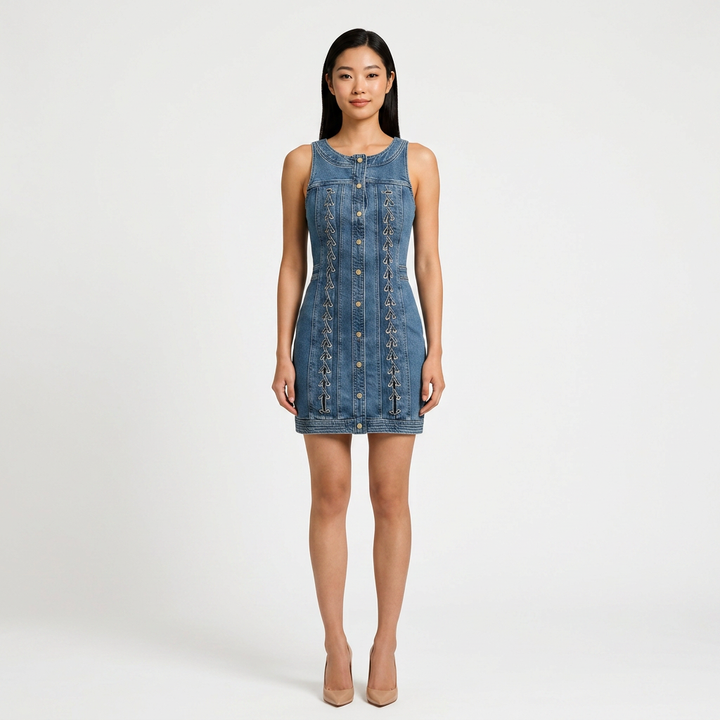 Sleeveless Denim Button Front Mini Dress with Lace-Up Detail for Friday Night Vibes Women-Vyana Collective