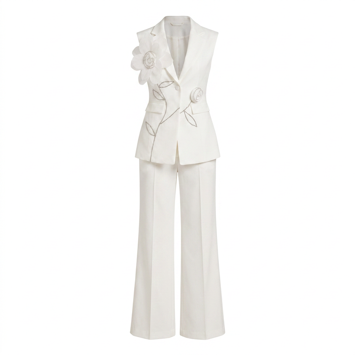 Sleeveless Floral Embroidered Blazer Vest and Wide Leg Trousers Set for Meetings Ready Women-Vyana Collective