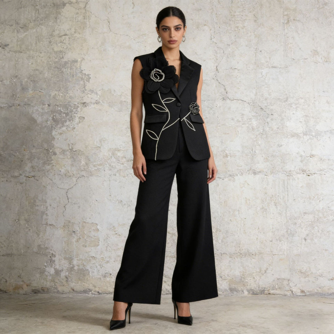 Sleeveless Floral Embroidered Blazer Vest and Wide Leg Trousers Set for Meetings Ready Women-Vyana Collective
