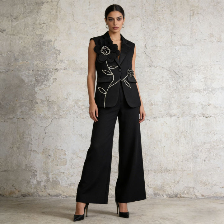 Sleeveless Floral Embroidered Blazer Vest and Wide Leg Trousers Set for Meetings Ready Women-Vyana Collective