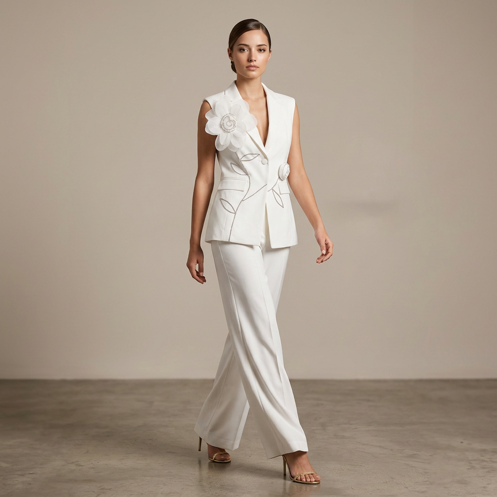 Sleeveless Floral Embroidered Blazer Vest and Wide Leg Trousers Set for Meetings Ready Women-Vyana Collective