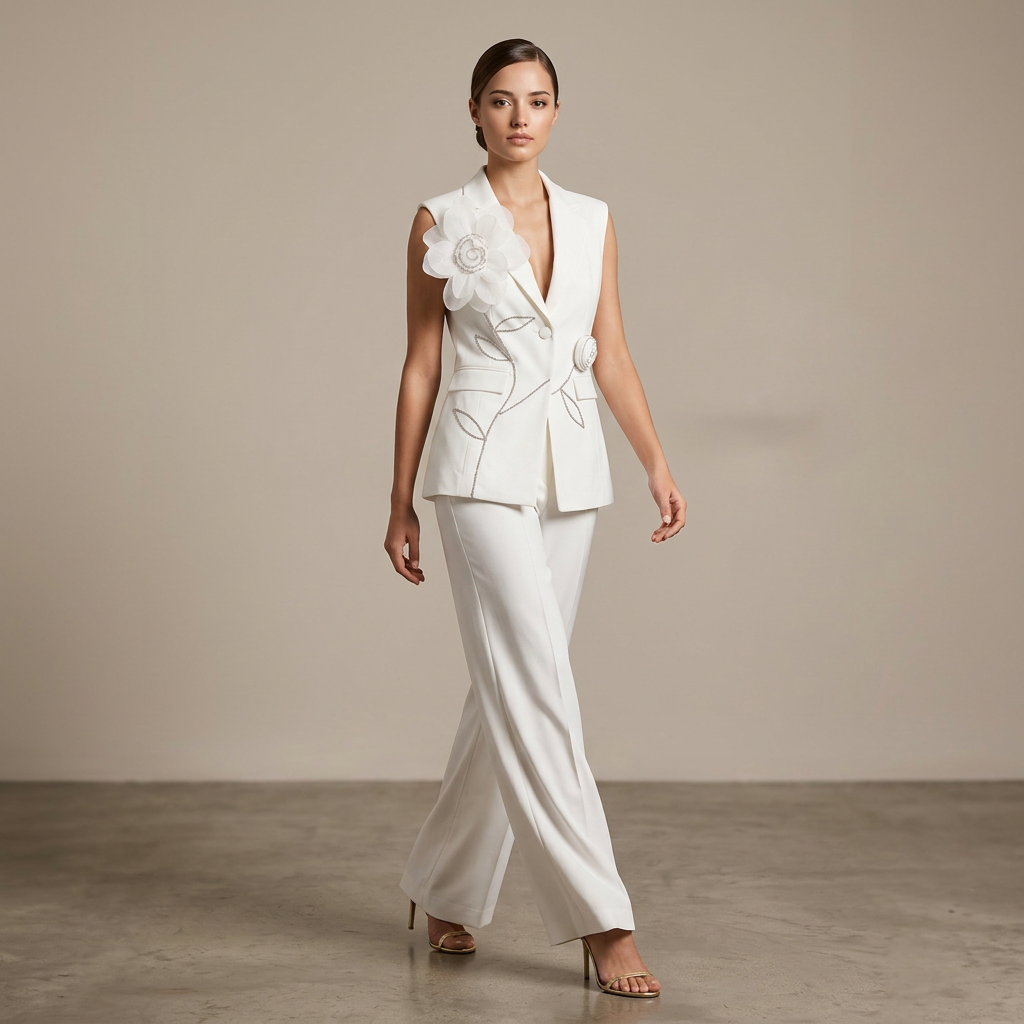Sleeveless Floral Embroidered Blazer Vest and Wide Leg Trousers Set for Meetings Ready Women-Vyana Collective