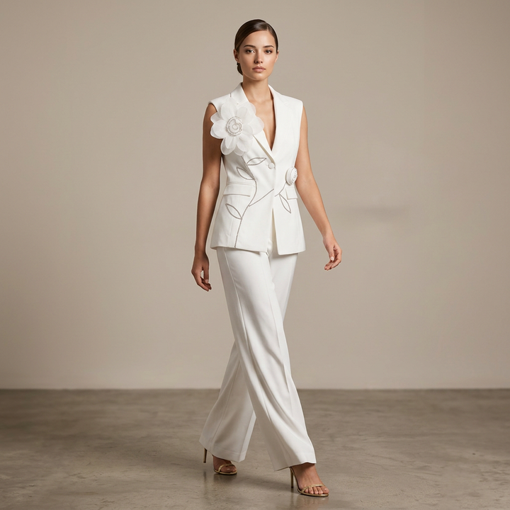 Sleeveless Floral Embroidered Blazer Vest and Wide Leg Trousers Set for Meetings Ready Women-Vyana Collective