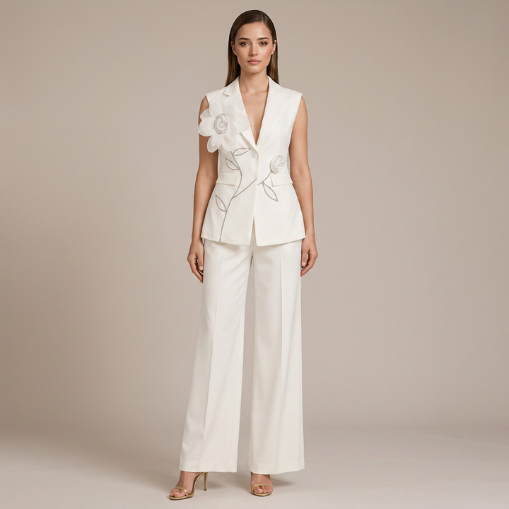 Sleeveless Floral Embroidered Blazer Vest and Wide Leg Trousers Set for Meetings Ready Women-Vyana Collective