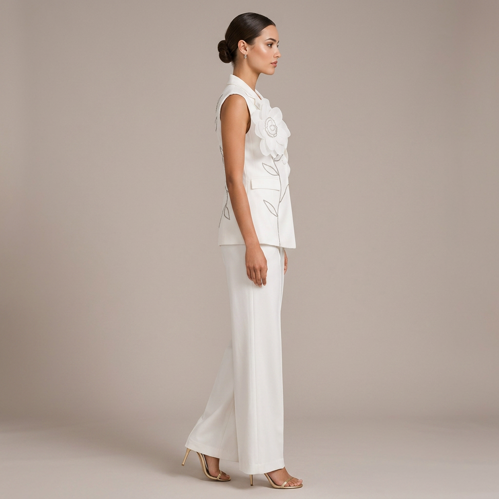 Sleeveless Floral Embroidered Blazer Vest and Wide Leg Trousers Set for Meetings Ready Women-Vyana Collective