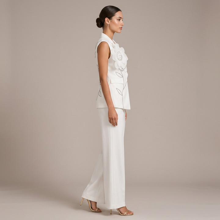 Sleeveless Floral Embroidered Blazer Vest and Wide Leg Trousers Set for Meetings Ready Women-Vyana Collective
