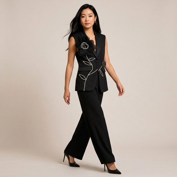 Sleeveless Floral Embroidered Blazer Vest and Wide Leg Trousers Set for Meetings Ready Women-Vyana Collective